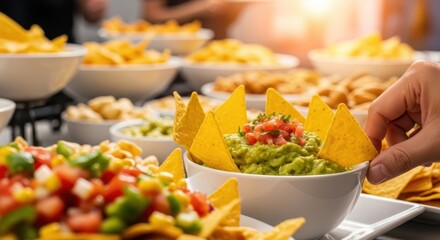 Delicious fiesta of flavors: A close-up showcases a symphony of vibrant Mexican cuisine, featuring a tantalizing array of nachos and dips.