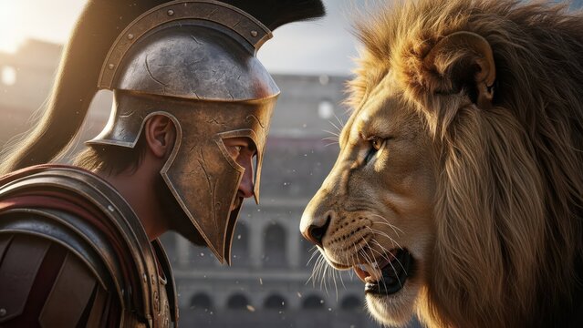 Cinematic close-up profile of a Roman Spartan warrior in a bronze helmet staring intensely at a roaring lion in the Colosseum.
