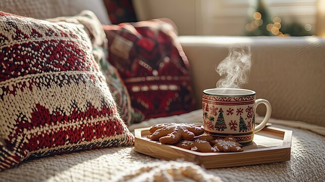 Cozy Christmas winter indoor scene with steaming coffee mug and gingerbread cookies on wooden tray, ethnic knit pillows and warm blanket on sofa, hygge home lifestyle background, festive holiday atmos