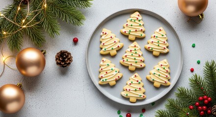 Festive Treats: An array of delightful Christmas tree-shaped cookies, arranged on a plate alongside holiday decorations, capturing the spirit of seasonal joy and culinary artistry.
