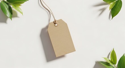 Blank brown kraft paper tag hanging by a string, surrounded by fresh green leaves on a white background, isolated on white background