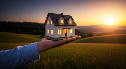 Illuminated dream house held in a caring hand against a golden sunset backdrop