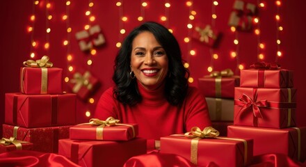 Holiday Joy: A woman surrounded by an abundance of wrapped gifts radiates genuine happiness, with warm festive lights and holiday spirit, creating a scene of pure holiday cheer and generosity.