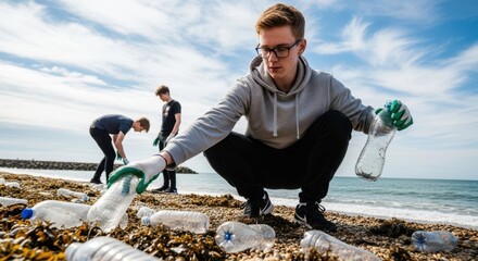 Beach Clean-Up: Dedicated volunteers work together to clean up the beach, picking up plastic bottles and waste to preserve the environment. 