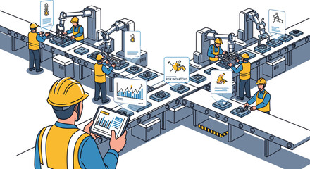 Industrial manufacturing with robotic arms, safety gear, data screens, risk indicators, and real-time analytics in automated factory environment.