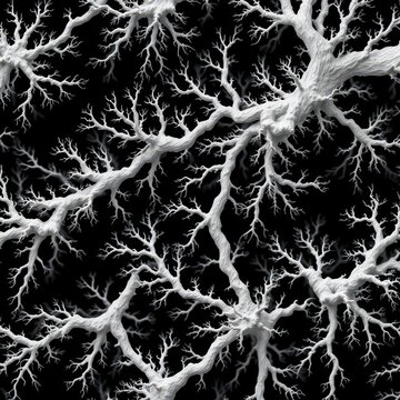 Sprawling dendrite network, branching fractal structure, high-resolution veins of white on a black background, ideal for circuit board or organic growth overlays. Generative AI