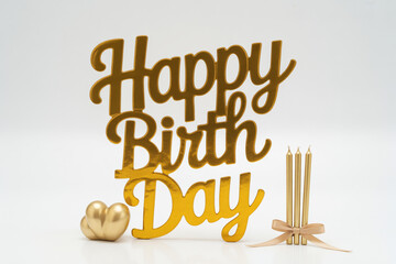 Golden Happy Birthday sign with candles and heart decoration