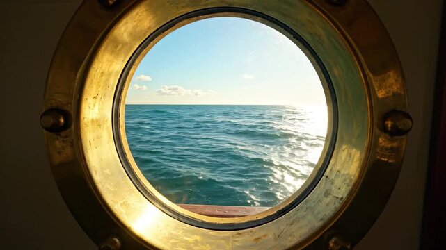 View of the ocean through a brass porthole on a ship, with blue sky and water.