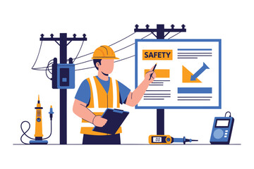 Electrician inspecting safety procedures near power poles with equipment.