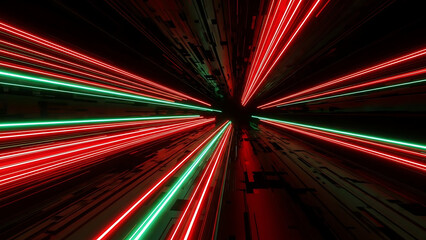 Vibrant neon lights illuminating dark tunnel
