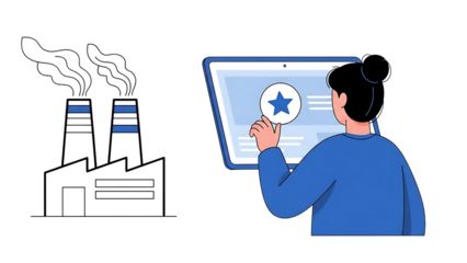 Factory and person interacting with digital interface isolated on a transparent background