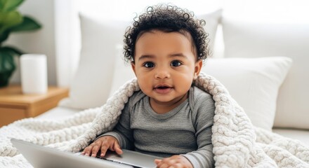 Adorable Baby and Cozy Comfort: A charming infant, wrapped in a soft blanket, looks toward the viewer, embodying serenity and the purest essence of innocence and comfort. 