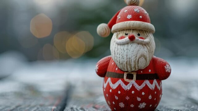 Video A festive Santa Claus figurine placed on a wooden table, perfect for holiday decorations and themed events