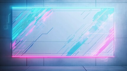 A whiteboard displaying a futuristic grid pattern with glowing neon blue and pink lines