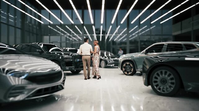 Couple buying new car in car dealership. Premium class car showroom. Husband and wife buy an expensive car. 3d render