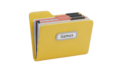Yellow Folder Labeled Games With Colorful Documents Inside And A Transparent Background Perfect For Digital Organization And Storage Concepts