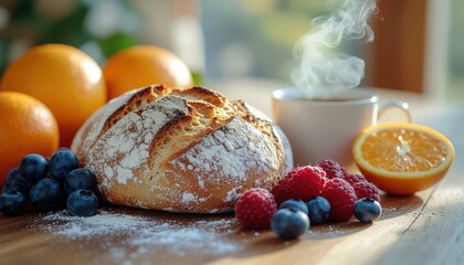 Freshly Baked Artisan Bread with Coffee and Assorted Fruits on a Rustic Wooden Table in Morning Light