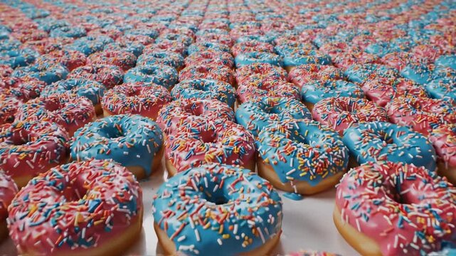 Aerial top-down view slowly flying over a beautiful uniform grid arrangement of pink and blue sprinkle-covered glazed donuts commercial, design, pattern