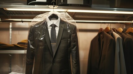 suit in a dry cleaning bag on a hanger