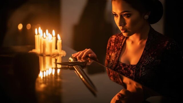 A woman examines a dagger while surrounded by candles in a dark room