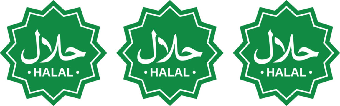 Halal certified product labels in green star shape for islamic food industry