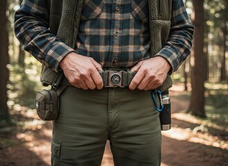 Man in Plaid Shirt and Cargo Pants Adjusting Belt Buckle in Forest Setting with Backpack and Water Bottle Attached