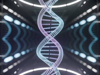 Symmetrical holographic AI DNA helix with blue-purple data filaments, centered futuristic fusion of biotechnology and artificial intelligence.