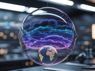 Symmetrical holographic AI weather-sphere with blue-purple predictive data layers, centered futuristic forecasting system visualization.