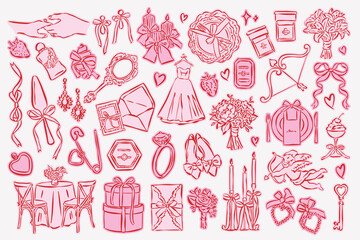 Whimsical wedding and love doodle collection. Art for greeting card, logo design, brand identity, packaging design.	