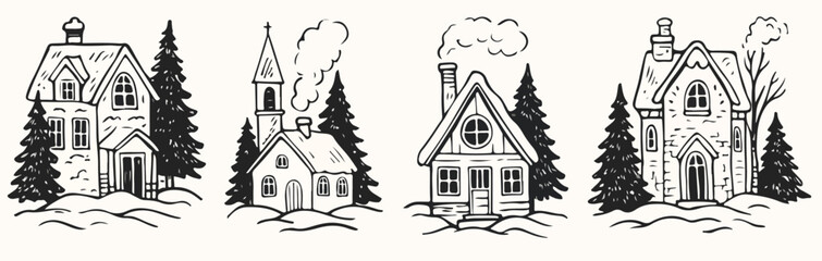 Fototapeta premium Christmas Village Doodle Set – Hand Drawn Winter Houses Illustration.