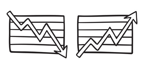 infographic chart fall and rise business up and down arrow icon doodle hand drawn. Outline line drawing clipart symbol business bust and boom  © Yanka