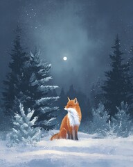 Naklejka premium Fox is sitting in the snow in front of a tree