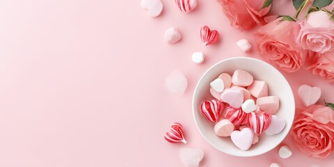 Bowl of pink and white candies with a pink background