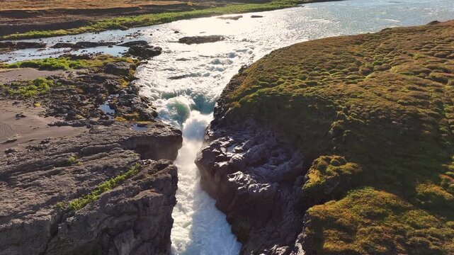 Aerial view of the Barnafoss falls in Iceland