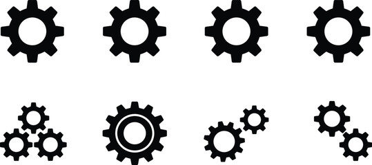 A set of eight essential black and white vector icons representing mechanical gears and cogwheels in various simple configurations for settings, engineering, and processes.