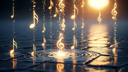 Abstract depiction of golden musical notes and symbols falling into shimmering water, creating ripples and light effects