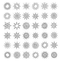 Vector Sun Symbol Collection, Abstract Solar Icons Featuring Spirals, Dots, and Geometric Ray Variations