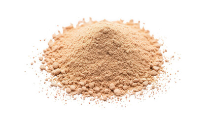 Fine light brown powder pile isolated on black background, showcasing granular texture isolated on transparent background