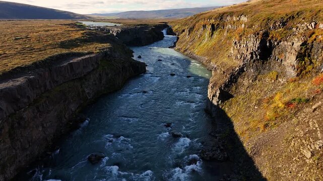 Aerial view of the Barnafoss falls in Iceland
