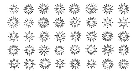 Stylized Sun Icons Grid, Unique Monochrome Solar Symbols with Faces and Rays for Design and Branding