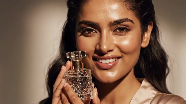 Graceful woman presents a stunning fragrance, highlighting the exquisite bottle design with her luminous complexion and genuine smile, a vision of refined elegance