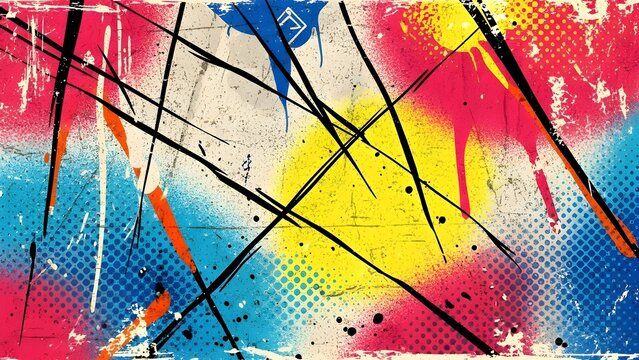 Vintage punk poster aesthetic. Imagine a deeply textured, distressed background splashed with electrifying neon graffiti. Rough spray paint strokes, sharp scratch marks, and a halftone dot pattern com