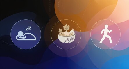 The image features three icons representing sleep, healthy eating, and physical activity, symbolizing a balanced lifestyle.