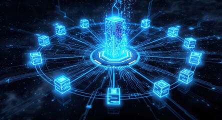 Fototapeta premium A futuristic digital landscape featuring a central glowing tower surrounded by interconnected blocks, representing advanced technology and data networking.