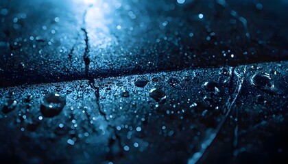 Macro Wet Metal Surface &mdash; LED-Reflected Droplets with Micro Scratches & Industrial Night Contrast