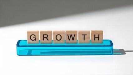 Growth concept spelled with wooden letter blocks on a blue stand.