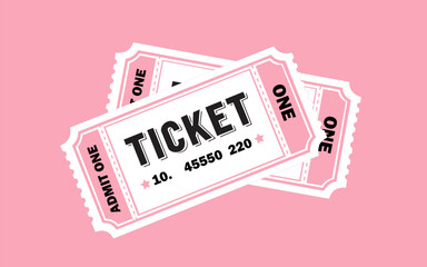 Two pink paper tickets for admission, vintage style, stacked on a solid light pink background