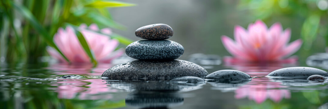 Stacked dark zen stones reflecting in calm water next to blurry pink lotus flowers - Powered by Adobe