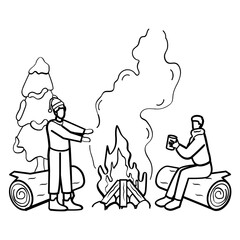 Warming Up by the Fire Concept,Hot Drinks and Warm Flames together vector icon design, Winter Season Element symbol, frosty weather activity Sign, coldest season stock illustration