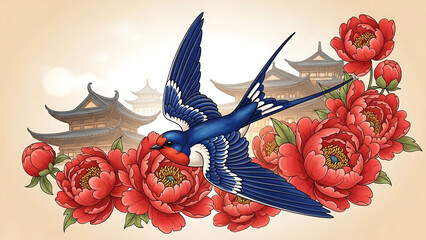 Graceful swallow soaring through a garden of vibrant red peonies, set against a backdrop of traditional Asian temple architecture under a soft sky